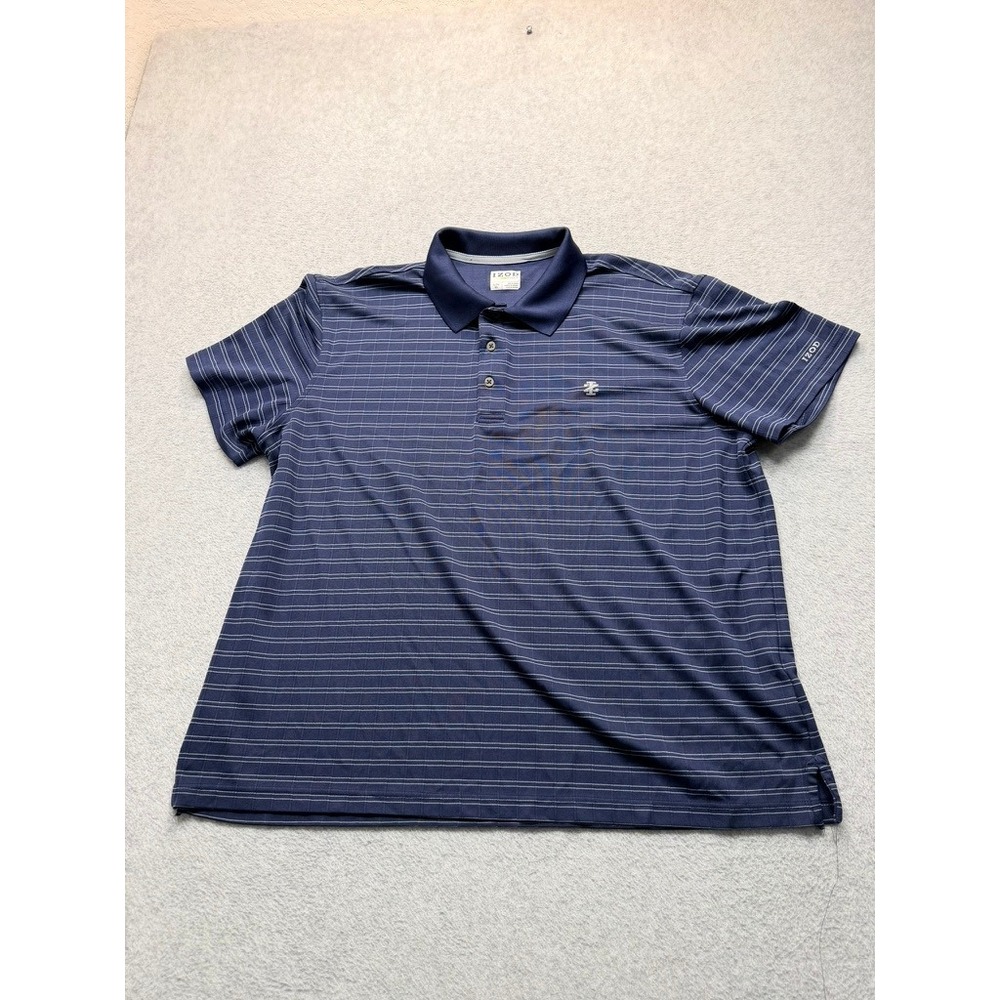 Izod Advantage Performance Polo Shirt Mens XL Navy Blue Striped Short Sleeve